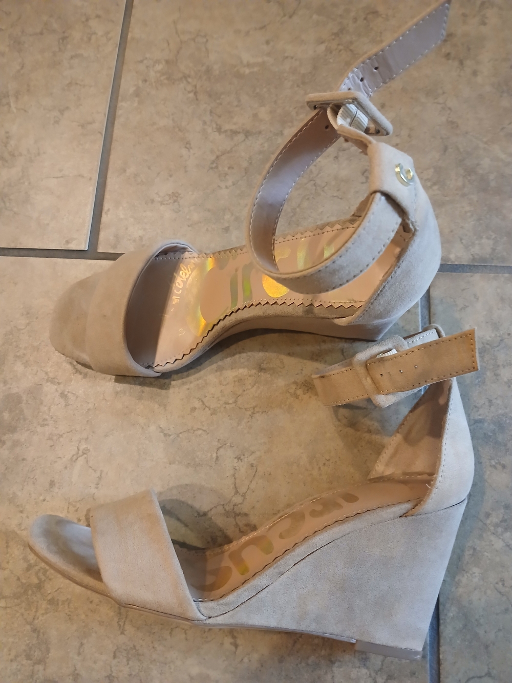 Circus by Sam Edelman Beige Suede Wedge Sandals with Ankle Strap
